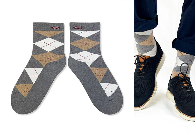 經典菱格紋-淺灰米 厚襪款(2種尺寸) 